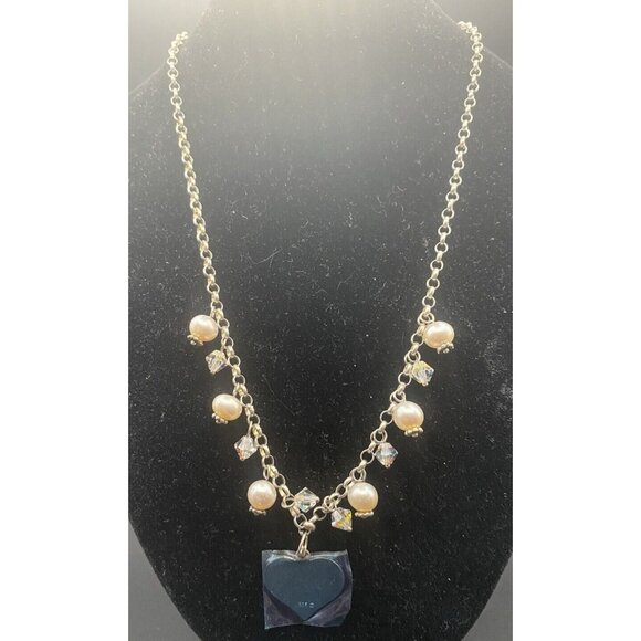 Sterling Silver Necklace Heart Natural Pearl AB Crystal Rolo Chain 16 + 1.5" - Picture 3 of 6